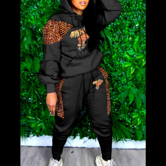Hoodie Long Sleeve Shirt & Joggers  W/ Pockets & Money/leopard Graphics Outfit - Picture 2 of 7